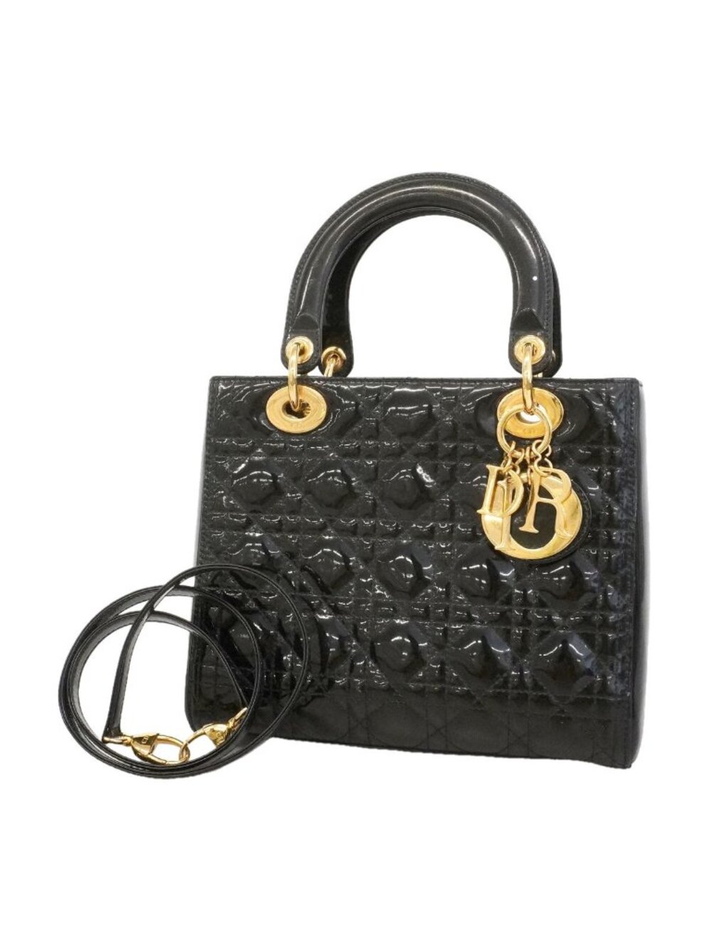 Dior Handbag Cannage Lady Patent Black Gold 2-Way Bag